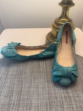 Prada Teal Leather Bow Ballet Flats